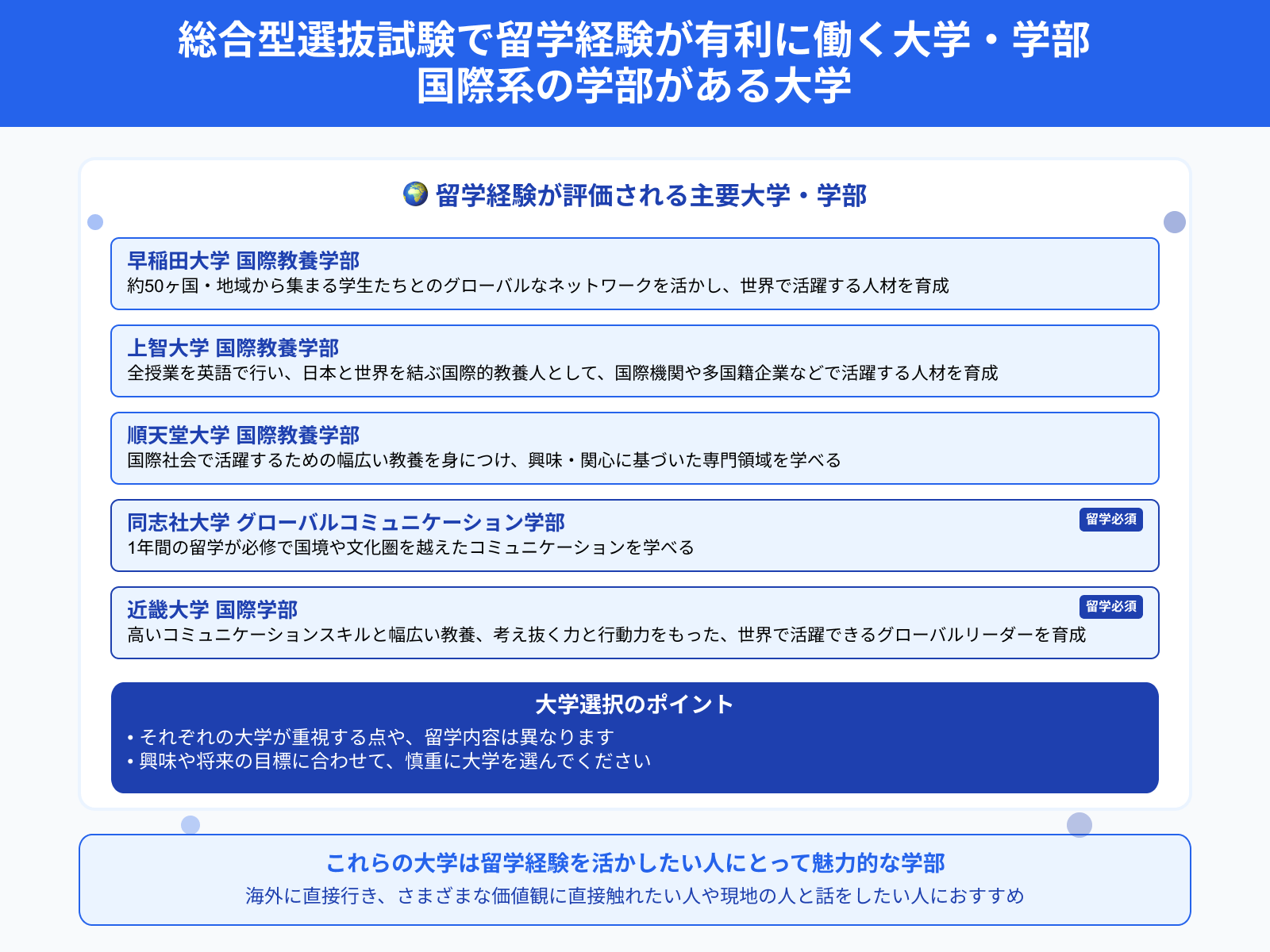 総合型選抜試験で留学経験が有利に働く大学・学部 国際系の学部がある大学