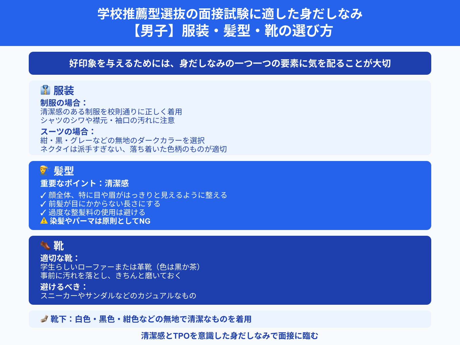 学校推薦型選抜の面接試験に適した身だしなみ 【男子】服装・髪型・靴の選び方
