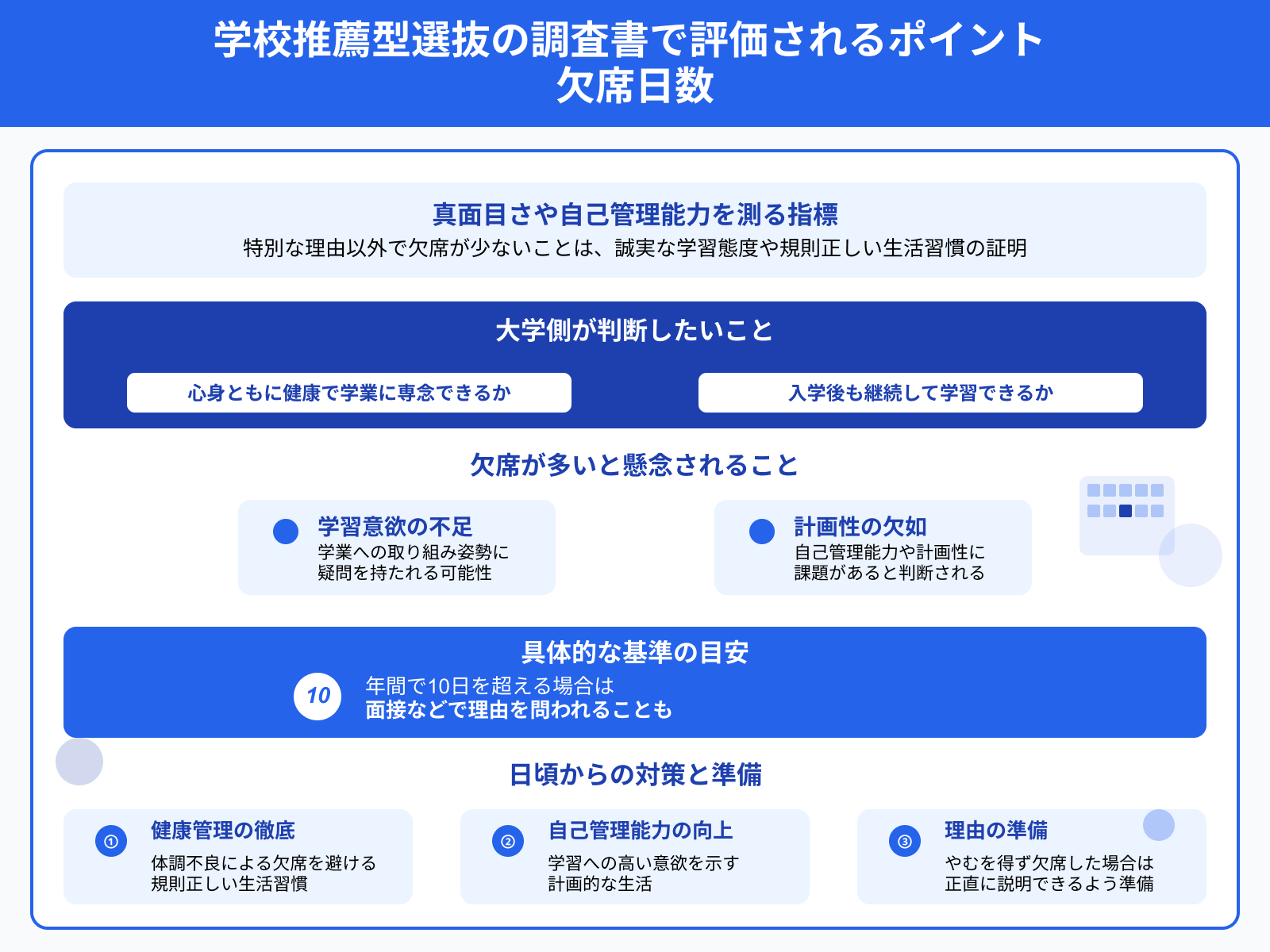 学校推薦型選抜の調査書で評価されるポイント 欠席日数