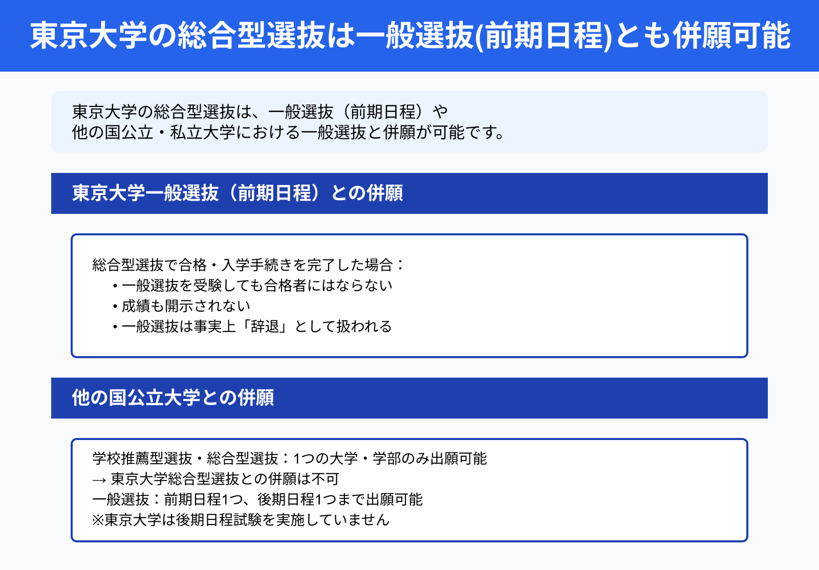東京大学の総合型選抜は一般選抜(前期日程)とも併願可能