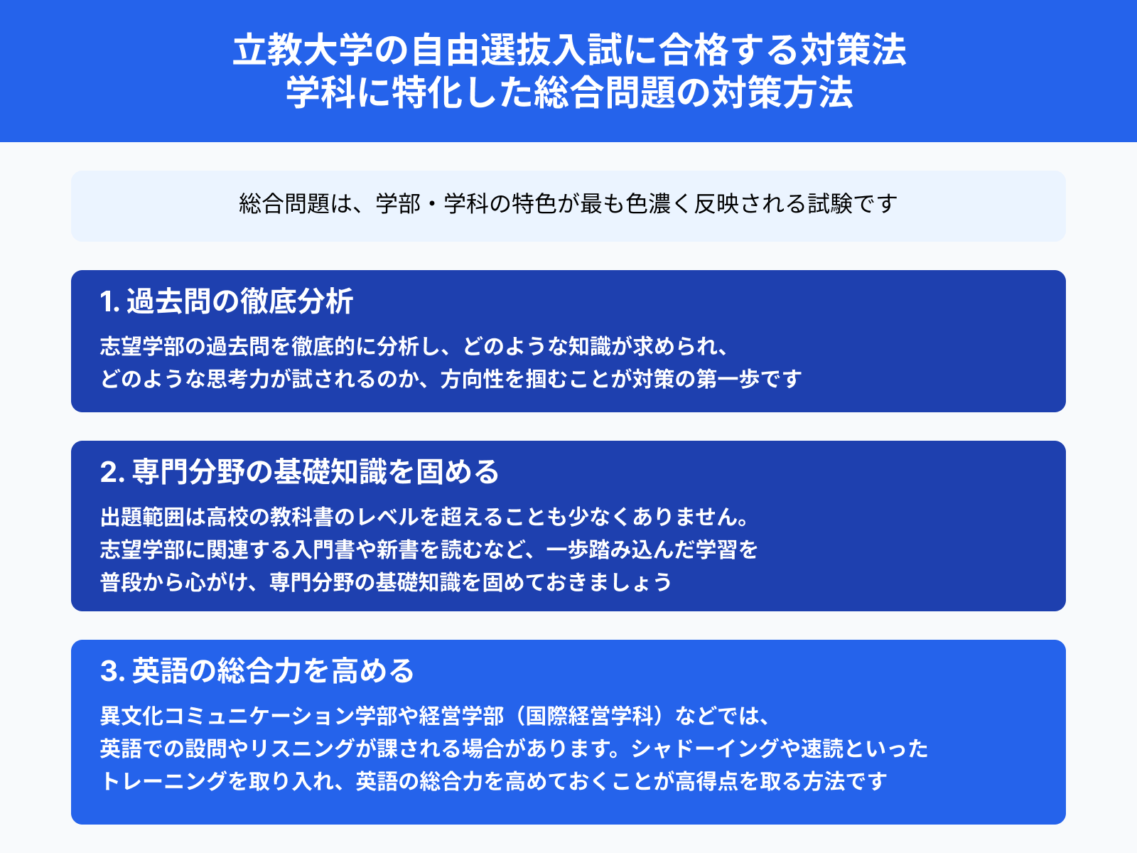立教大学の自由選抜入試に合格する対策法 学科に特化した総合問題の対策方法